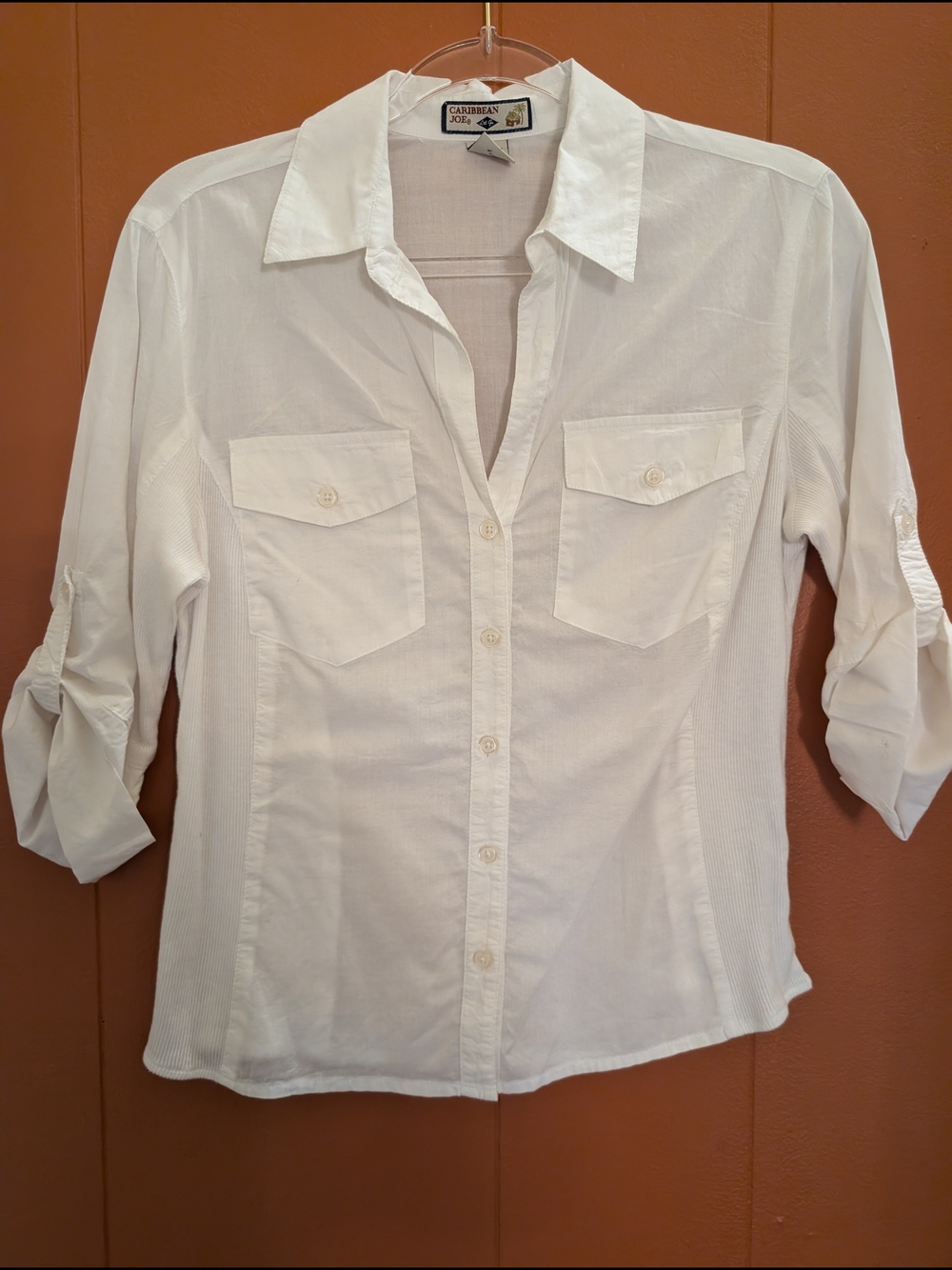 Caribbean Joe White Button Front Shirt Women's Small Roll Tab Sleeve